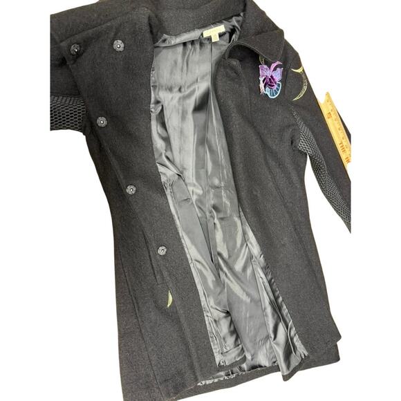 "Carson" 100% Wool Embroidered Floral Black Coat SZ L Netting On Sleeve Dk Fairy - Picture 15 of 16